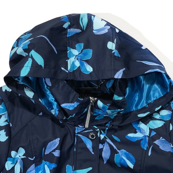 Dennis Basso M Navy Floral Removable Hood Water Resistant Zip Front Jacket/Coat - Picture 4 of 11